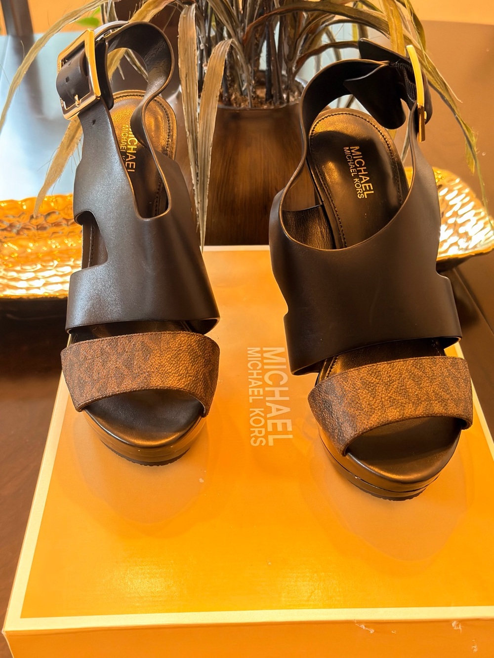 MICHAEL Michael Kors Carla Black Leather & Brown Logo-Print Wedge Sandals